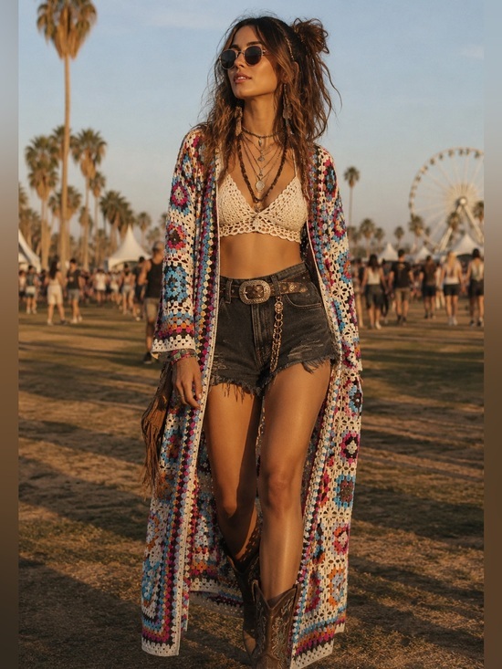 POL Sweaters - POL Multicolor Granny Square Crochet Kimono Cardigan Boho Festival Duster NWT